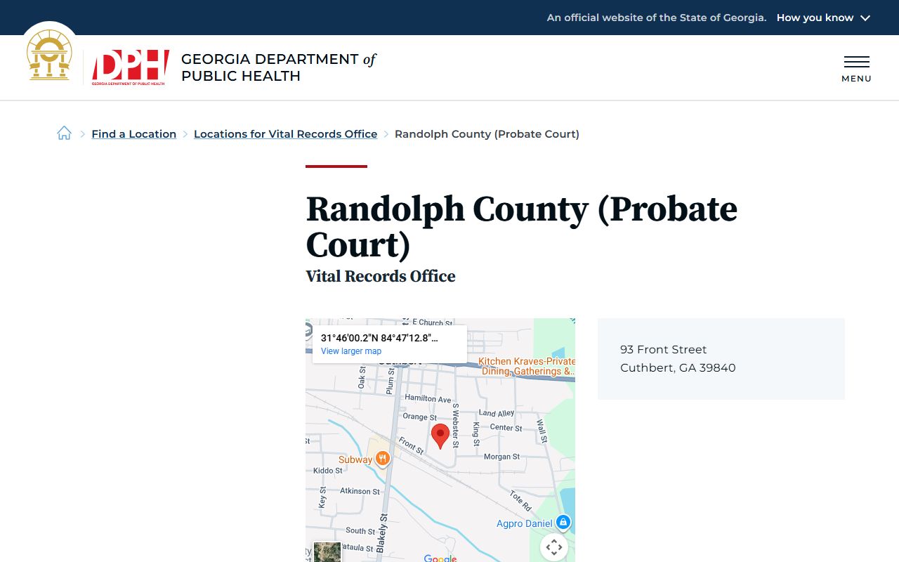 Randolph County Probate Court death index page on Georgia DPH website