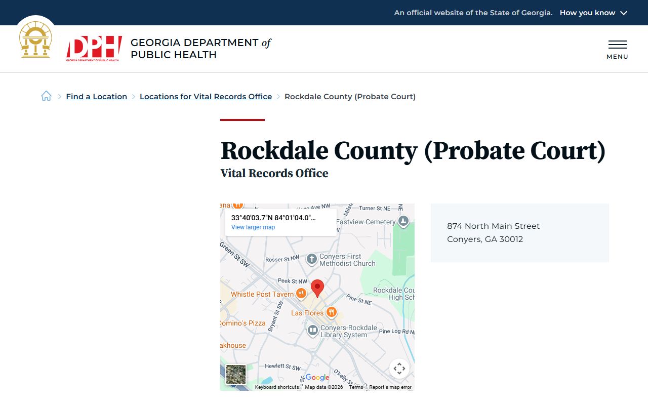 Rockdale County Probate Court death index page on Georgia DPH website
