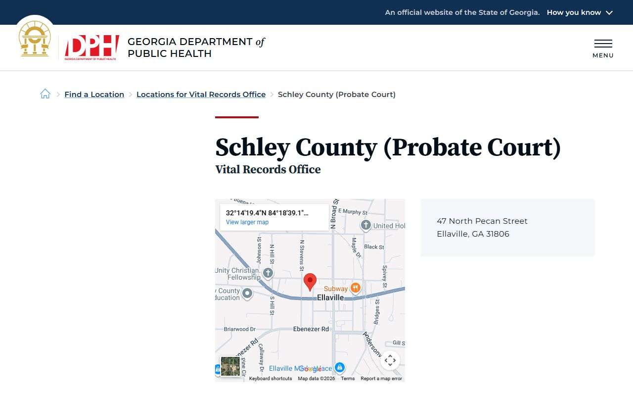 Schley County Probate Court death index page on Georgia DPH website