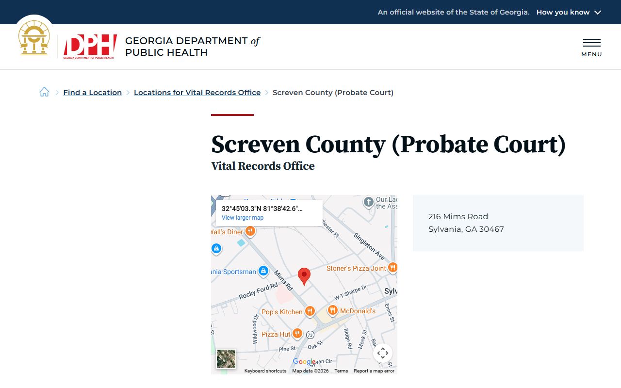 Screven County Probate Court death index page on Georgia DPH website
