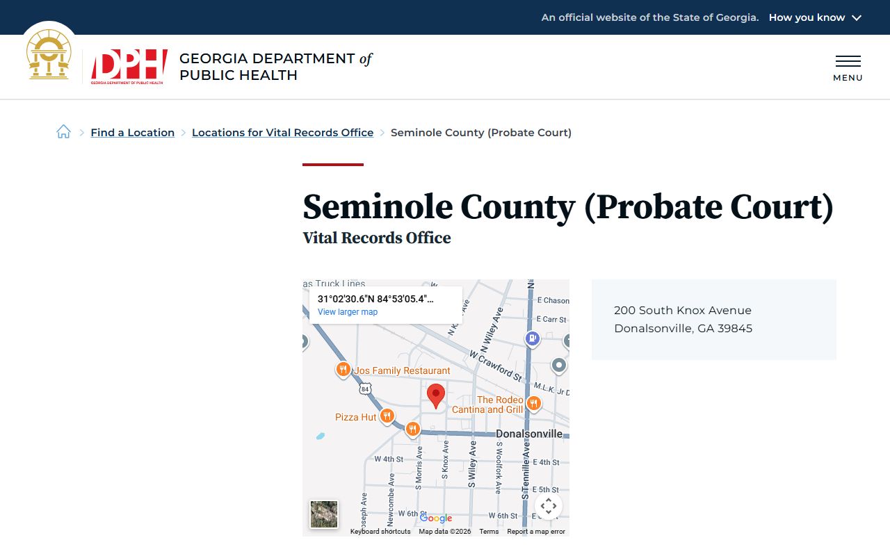 Seminole County Probate Court death index page on Georgia DPH website