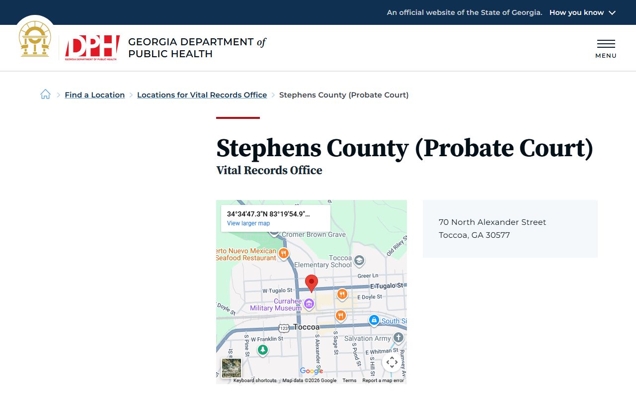 Stephens County Probate Court death index page on Georgia DPH website