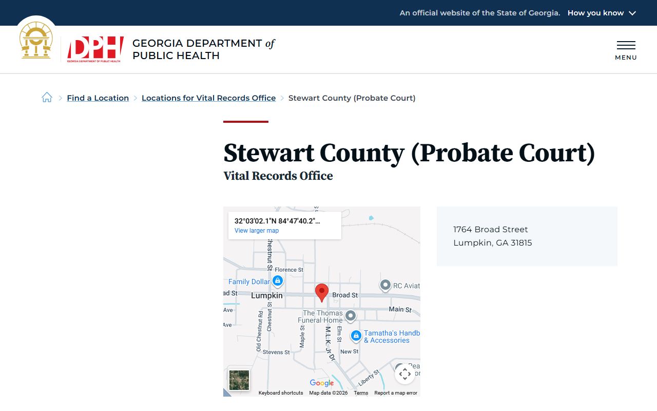 Stewart County Probate Court death index page on Georgia DPH website