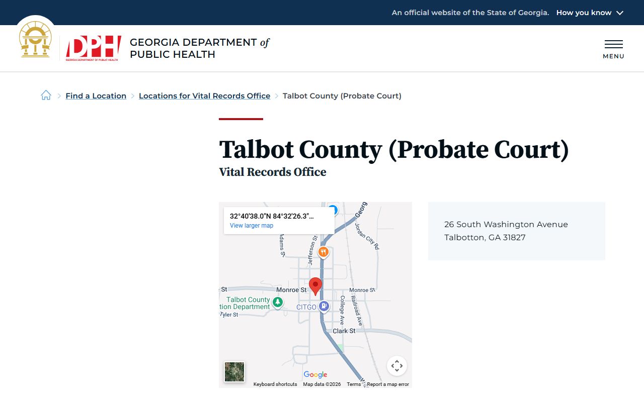 Talbot County death index page on Georgia DPH website