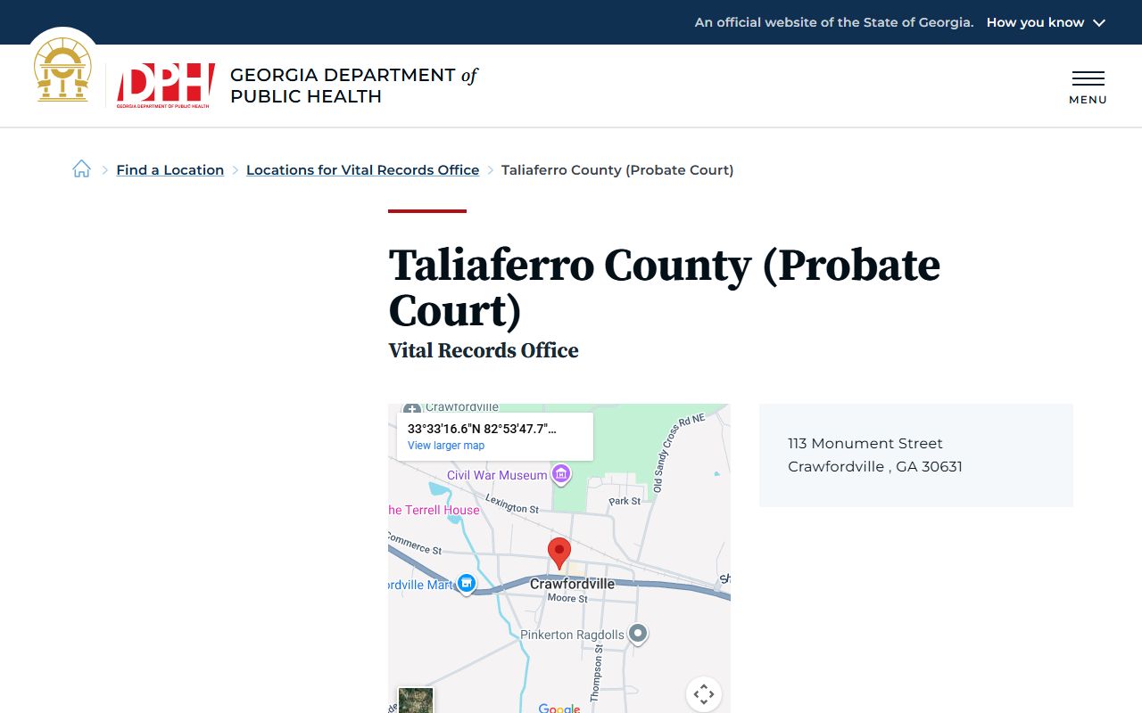 Taliaferro County death index page on Georgia DPH website