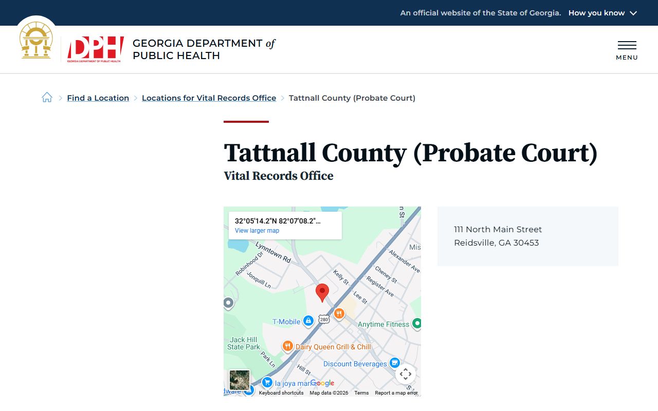 Tattnall County death index page on Georgia DPH website