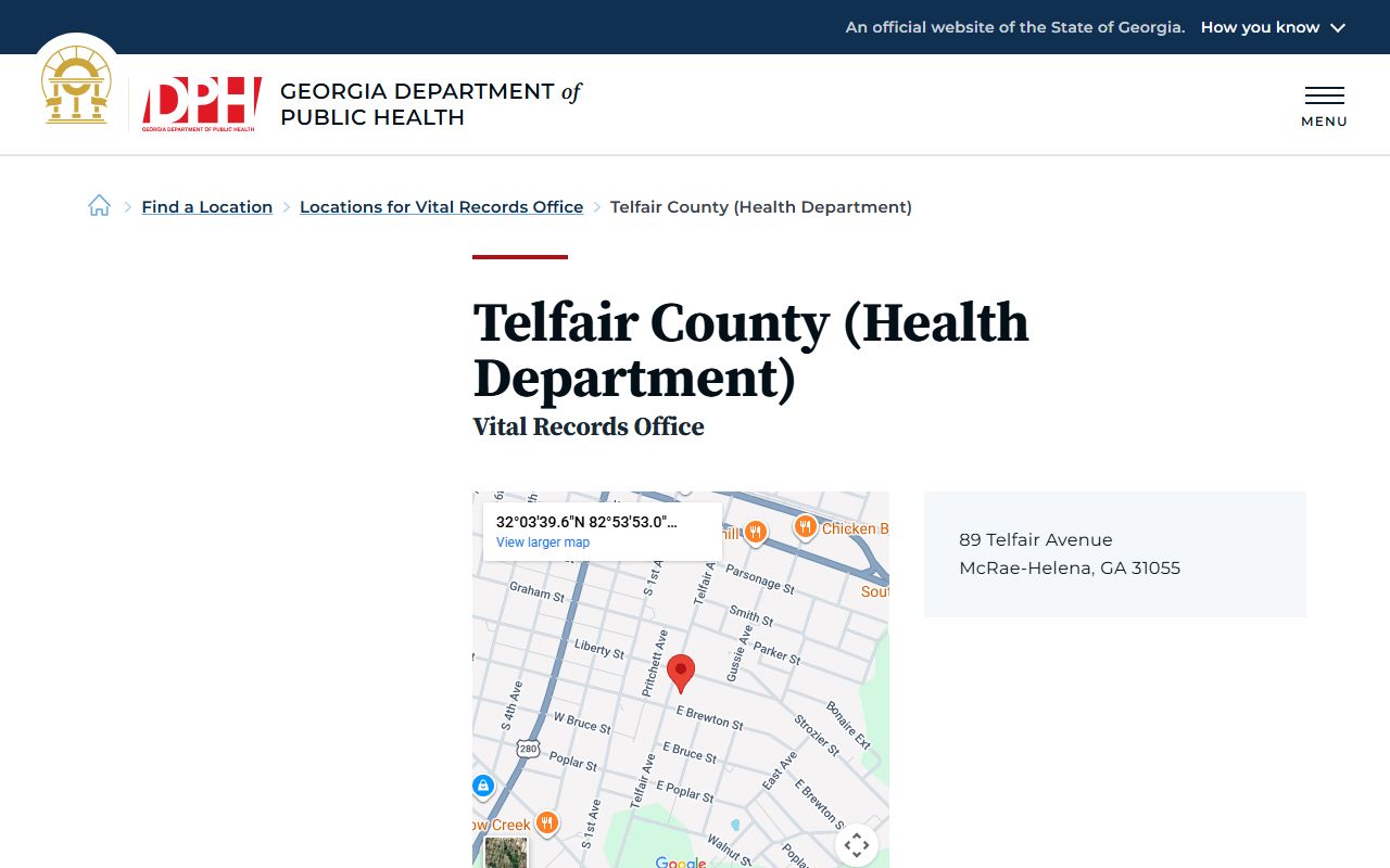 Telfair County death index page on Georgia DPH website