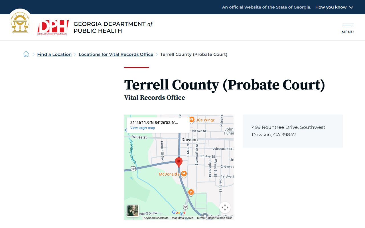 Terrell County death index page on Georgia DPH website