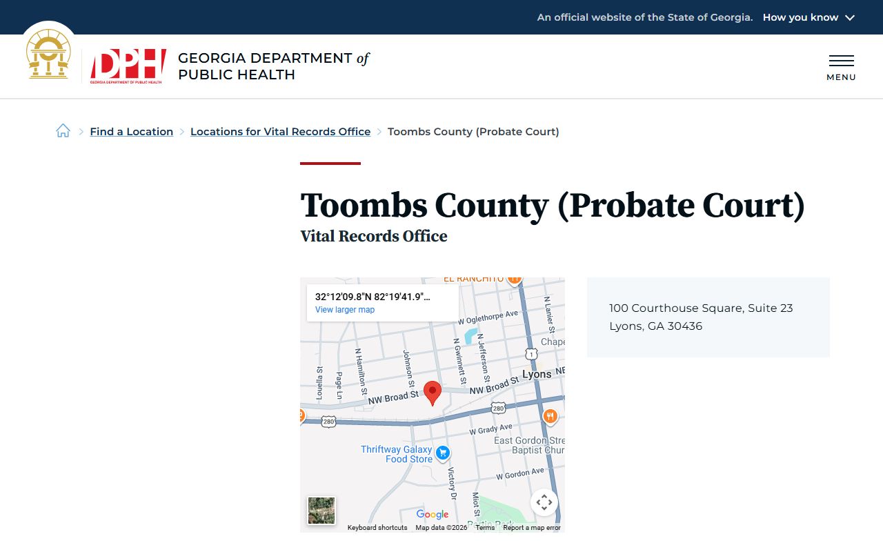 Toombs County death index page on Georgia DPH website