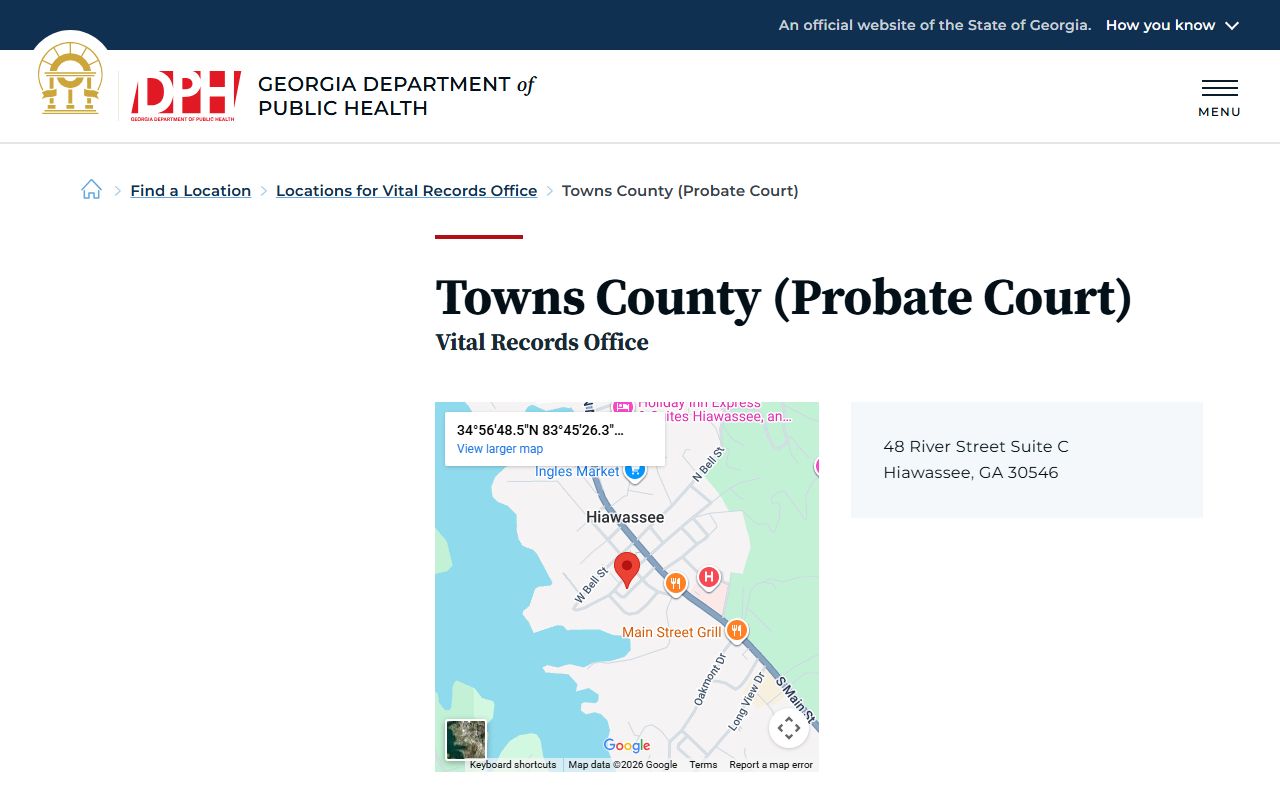 Towns County Probate Court death index page on Georgia DPH website