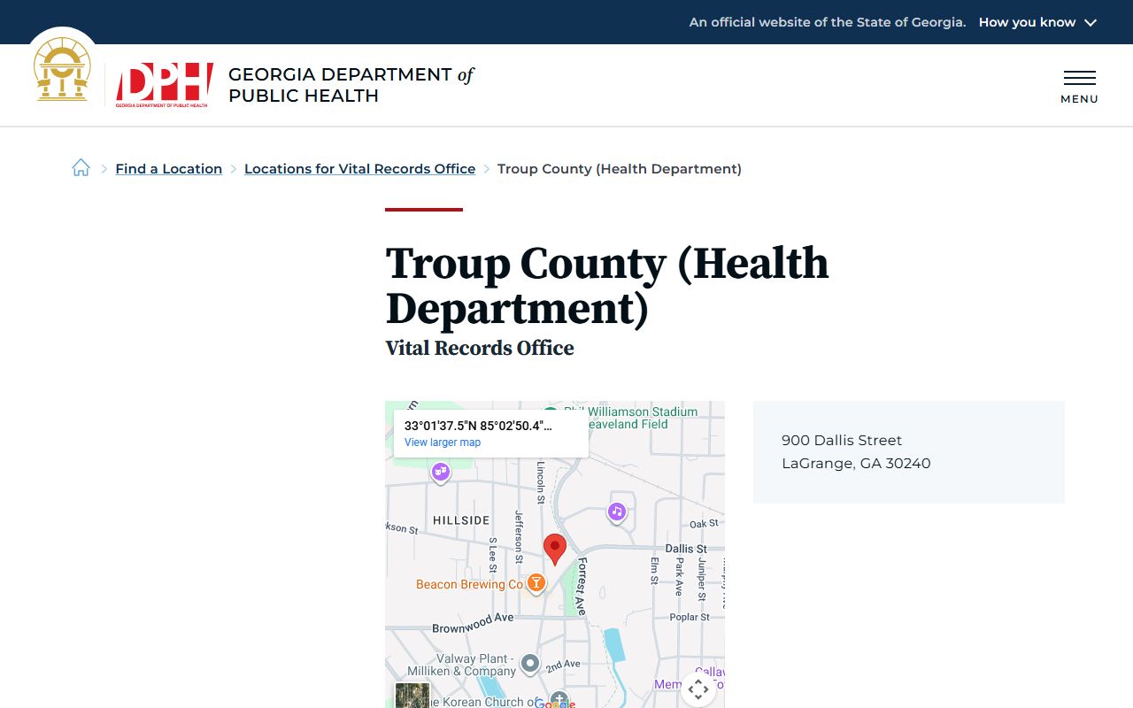 Troup County Health Department death index page on Georgia DPH website