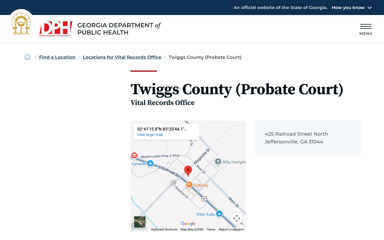 Twiggs County Probate Court death index page on Georgia DPH website