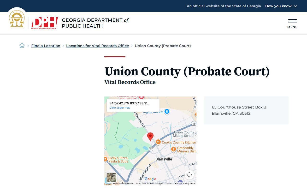 Union County Probate Court death index page on Georgia DPH website