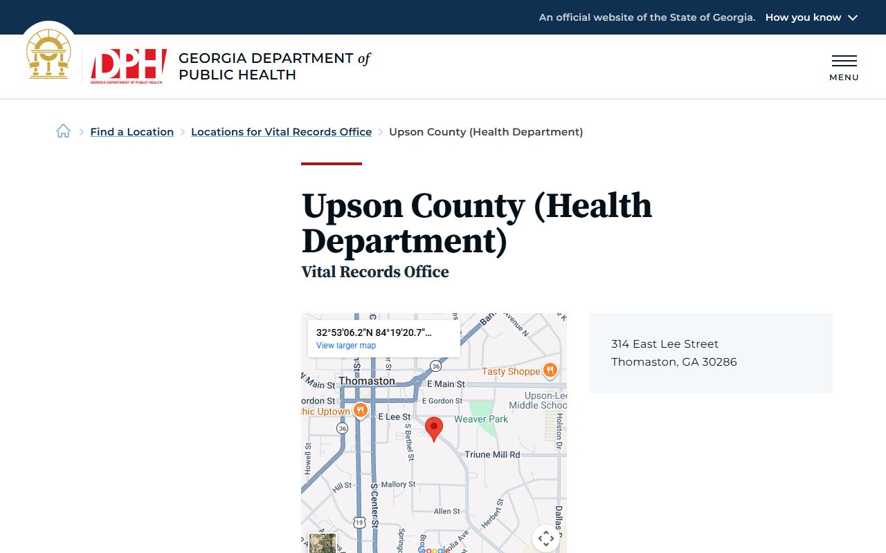 Upson County Health Department death index page on Georgia DPH website