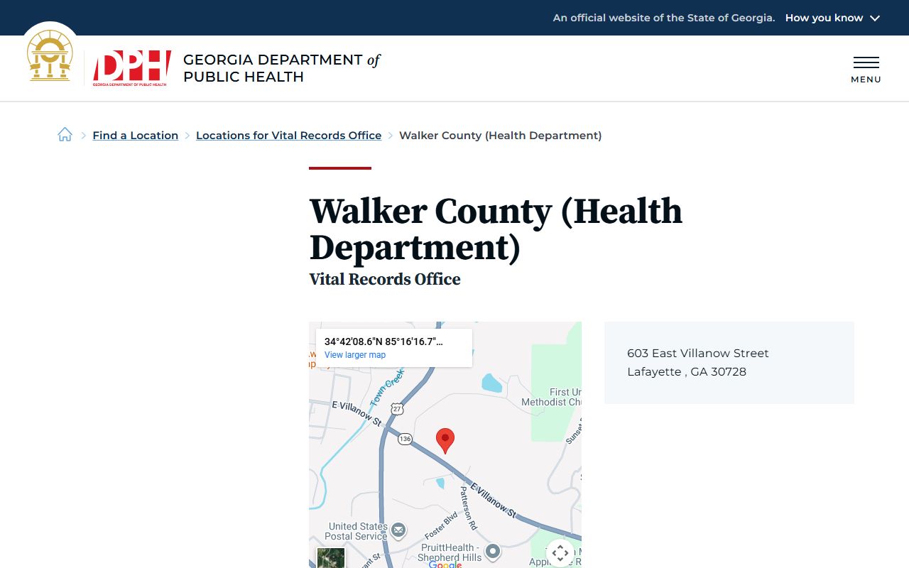Walker County Health Department death index page on Georgia DPH website