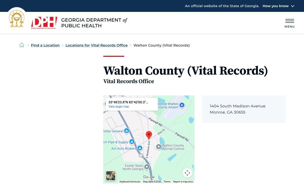 Walton County Health Department death index page on Georgia DPH website