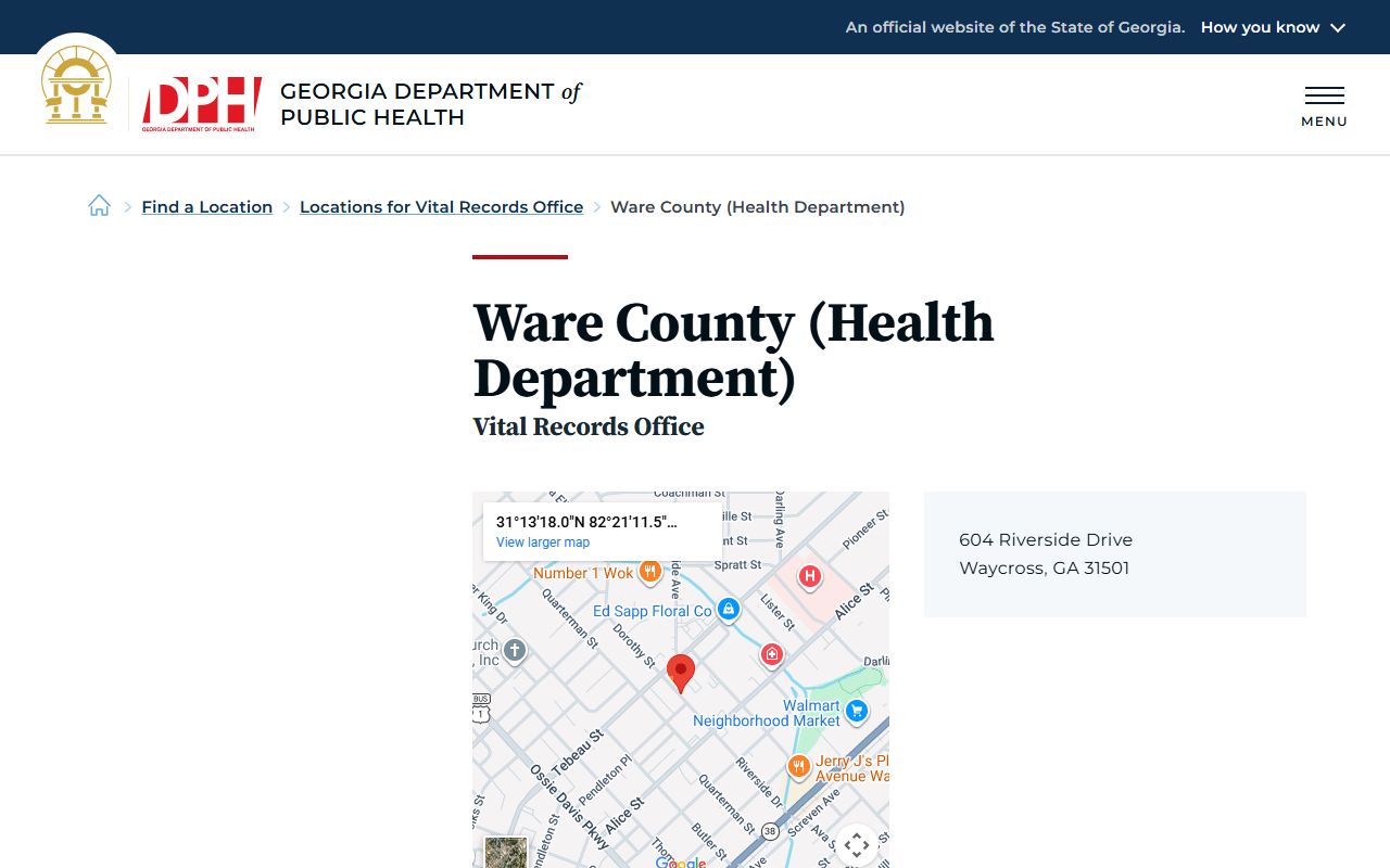 Ware County Health Department death index page on Georgia DPH website