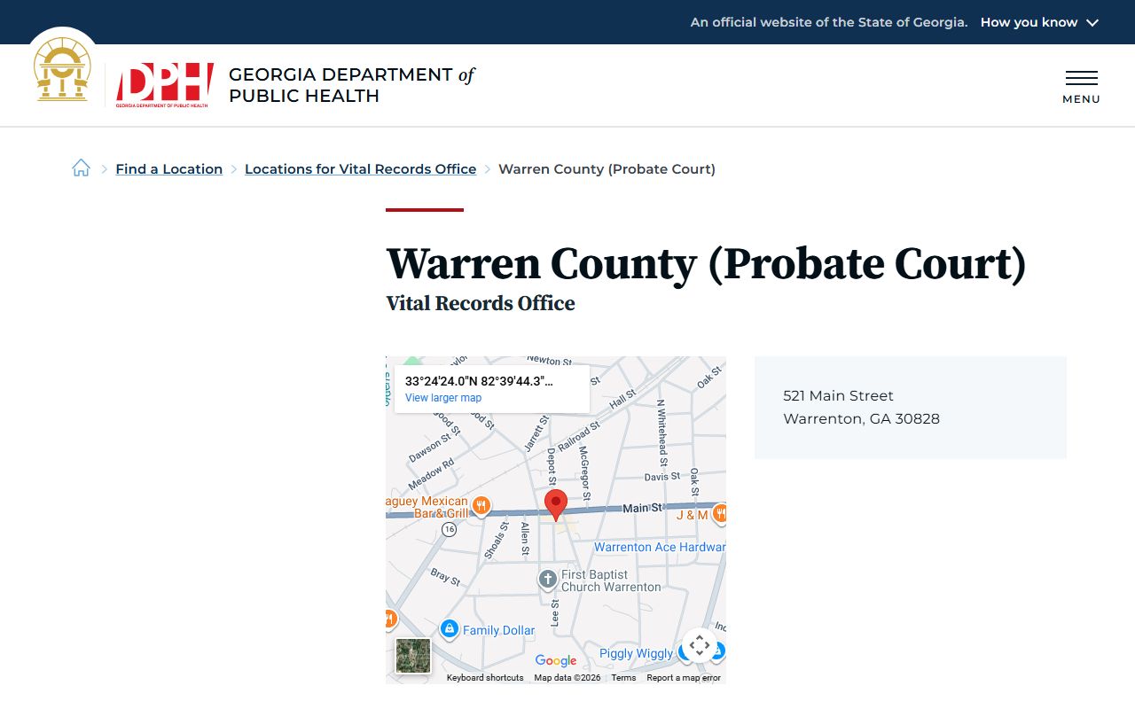 Warren County Probate Court death index page on Georgia DPH website