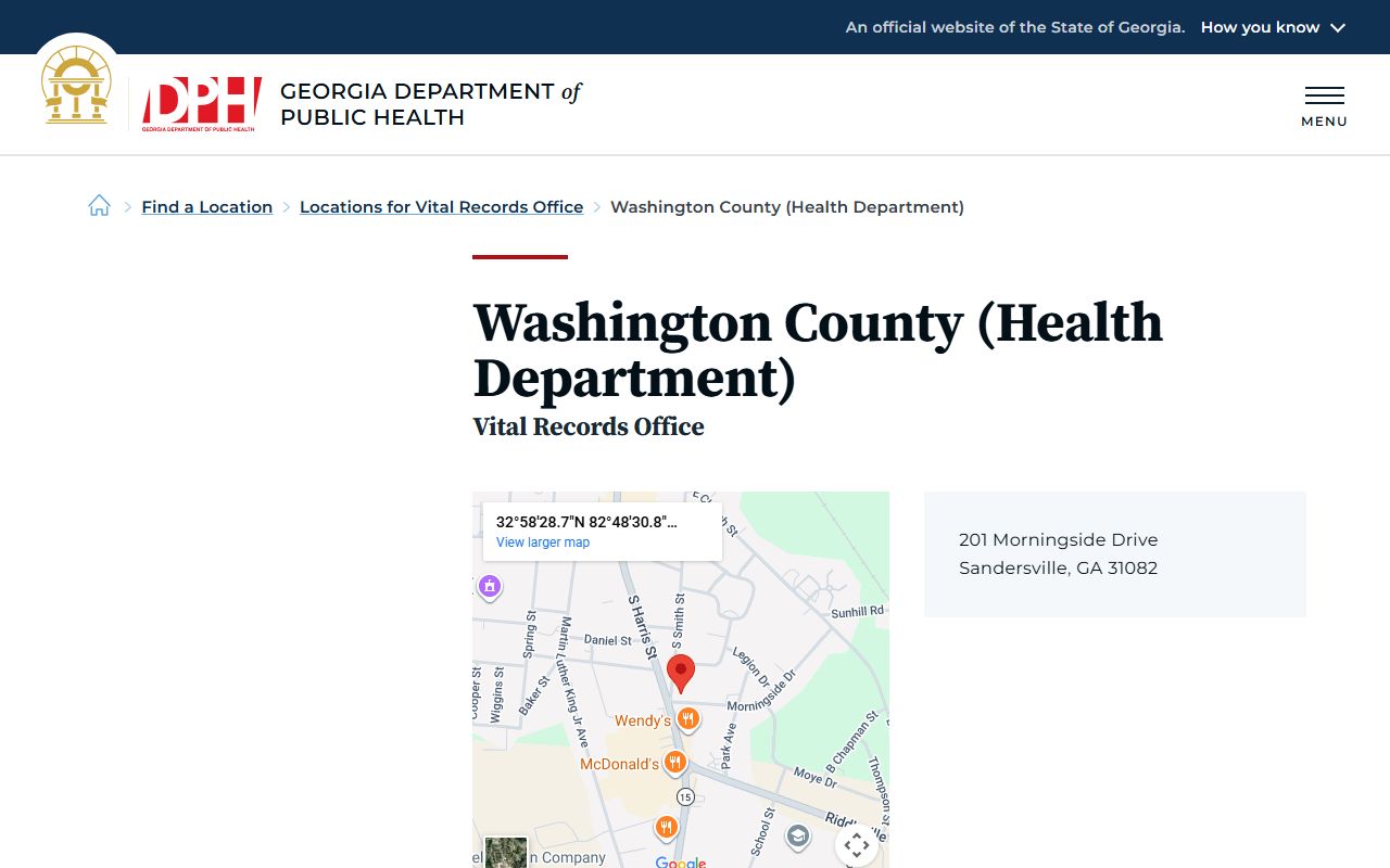 Washington County Health Department death index page on Georgia DPH website