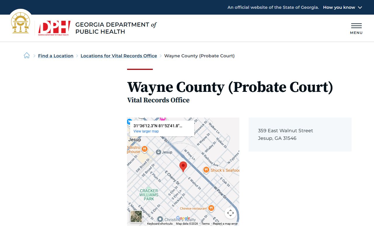 Wayne County Probate Court death index page on Georgia DPH website