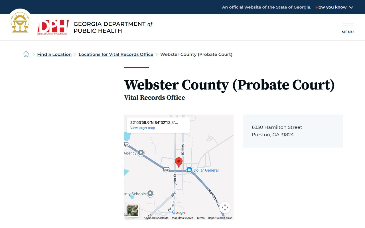 Webster County death index page on Georgia DPH website