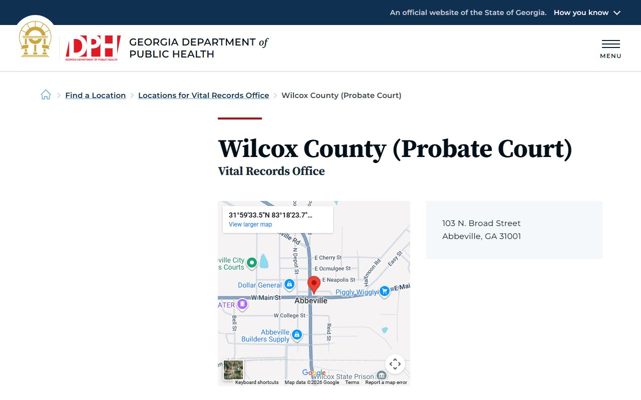 Wilcox County death index page on Georgia DPH website
