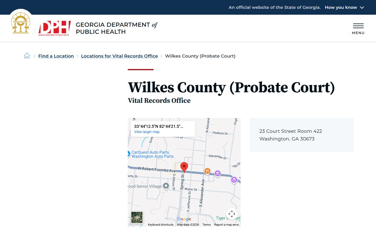 Wilkes County death index page on Georgia DPH website