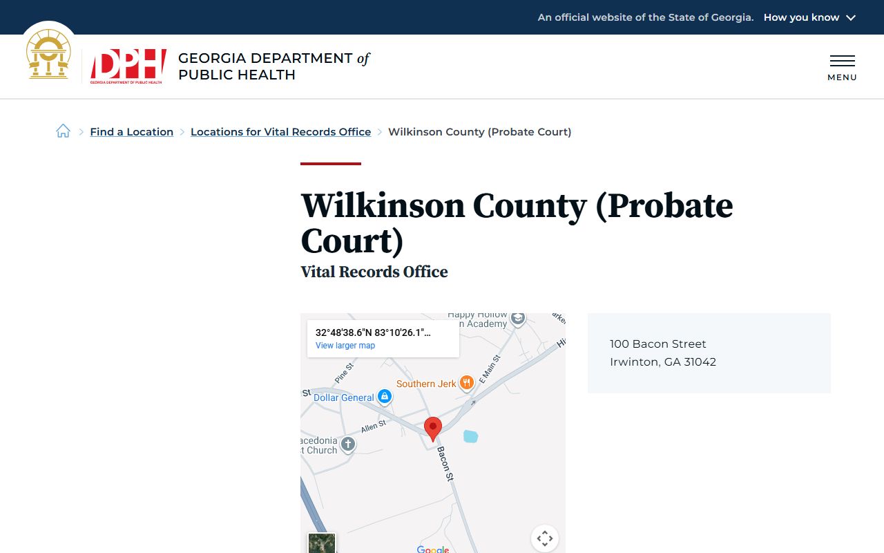Wilkinson County death index page on Georgia DPH website