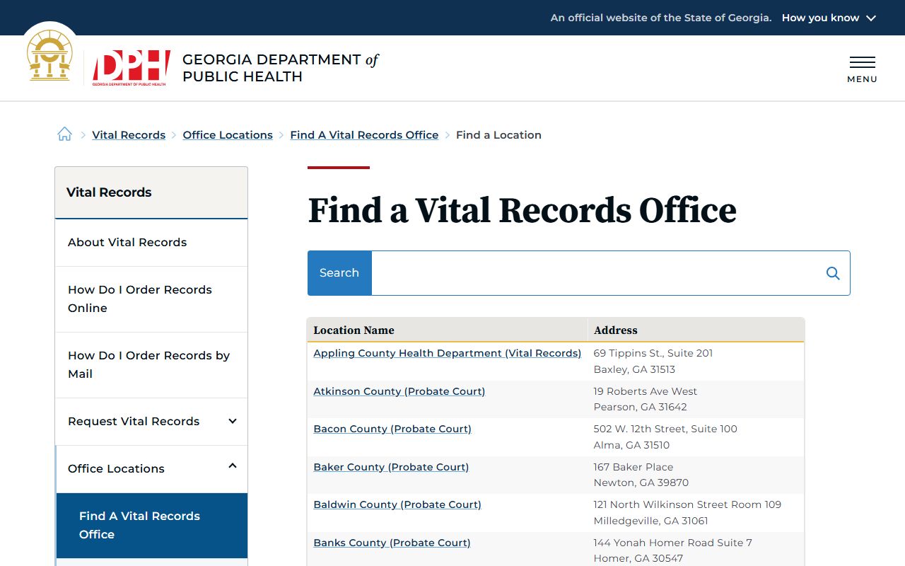 Georgia death index county vital records office directory