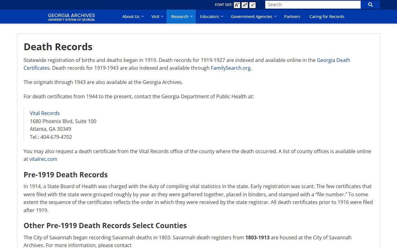 Georgia Archives historical death index records information